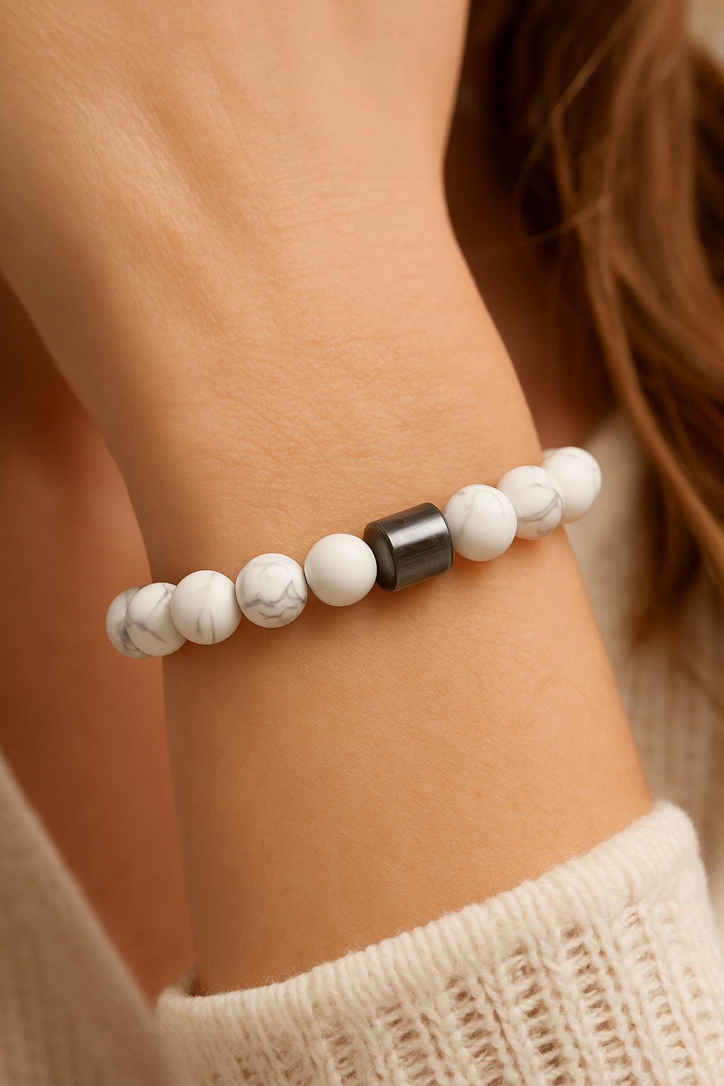 Bracelet en Howlite Blanche & Hématite Magnétique