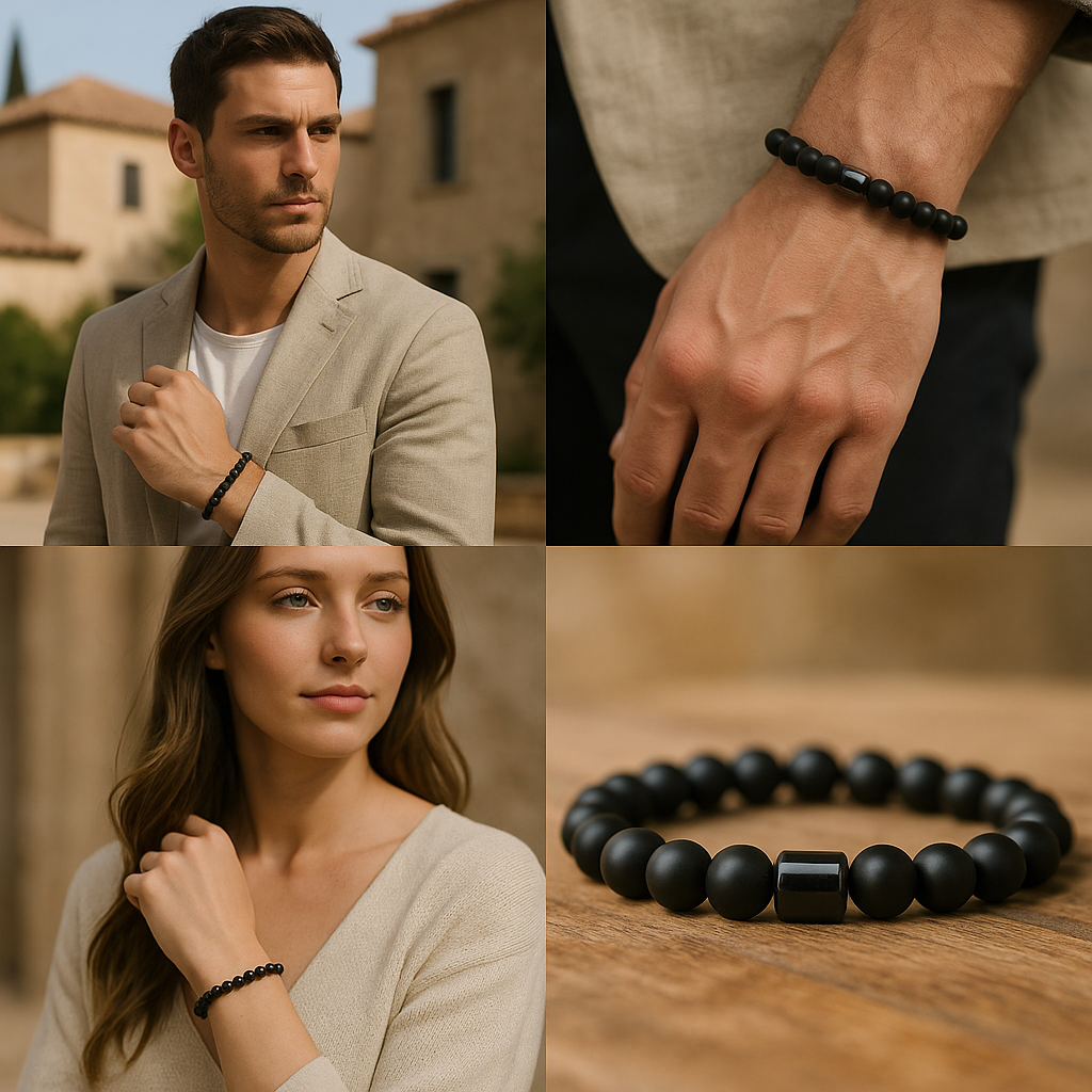 Bracelet en Agate Noire & Hématite Magnétique